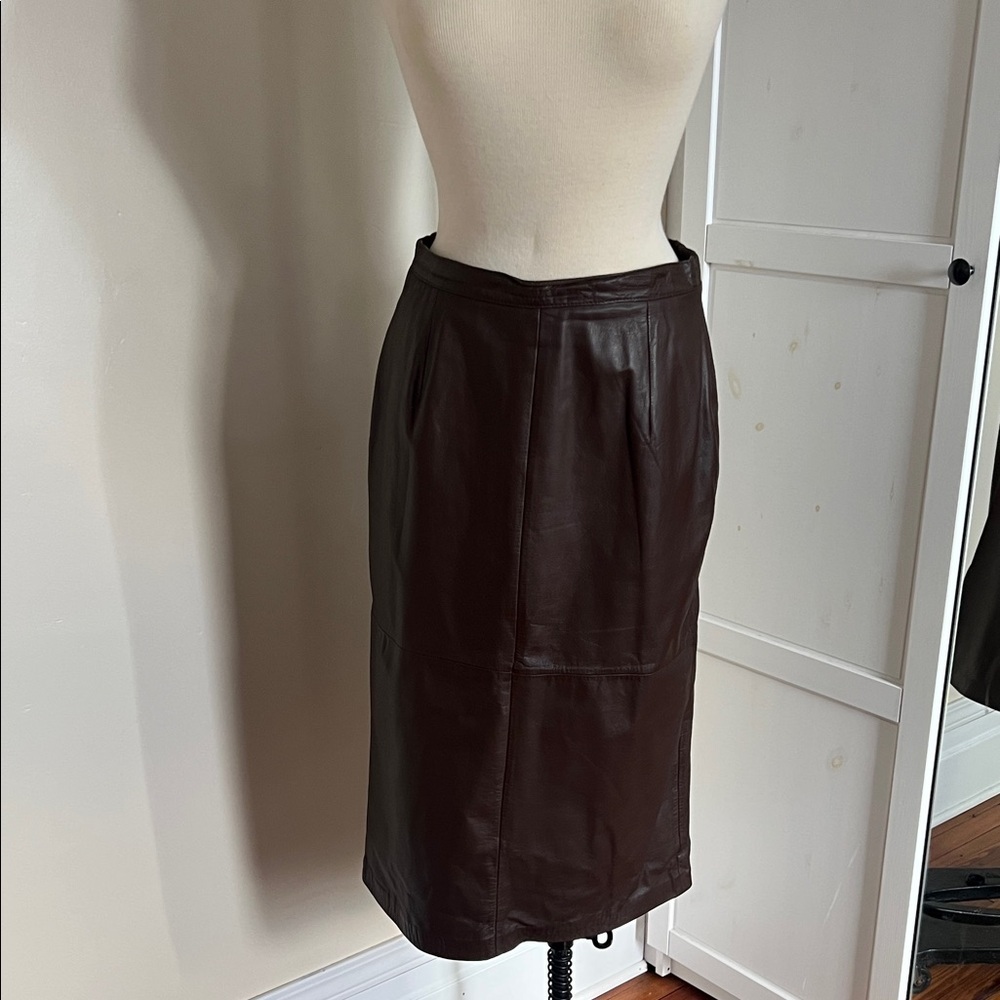 Vintage Greg Adams Brown Leather Pencil Skirt - High Waisted - 12